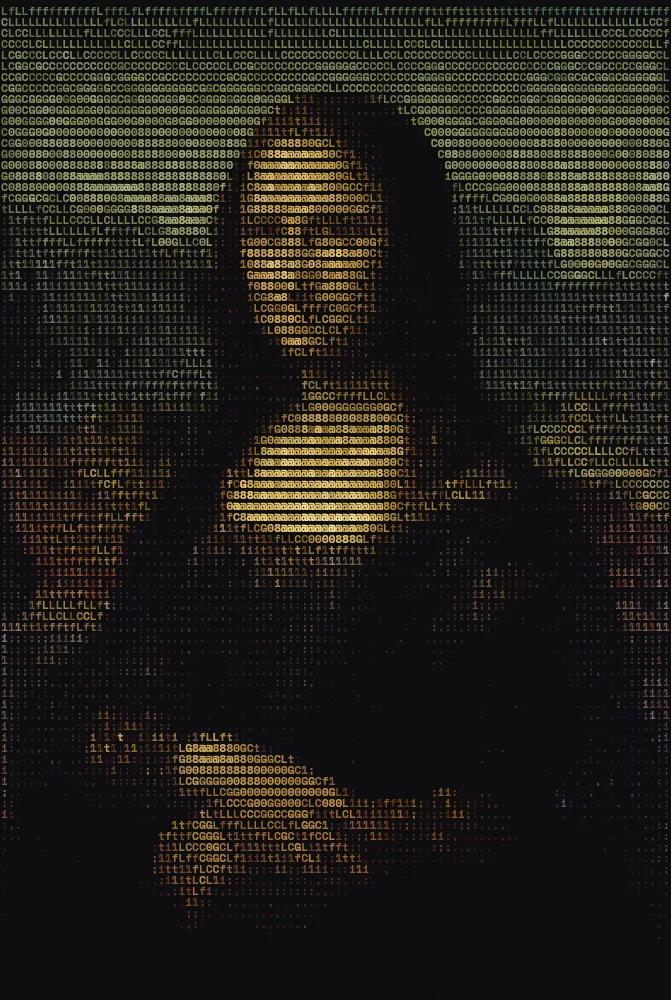 Mona Lisa by Leonardo da Vinci as ASCII art in original colours, created with the ASCII art generator