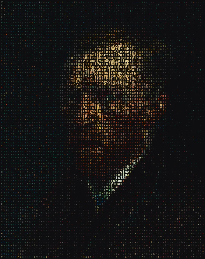 Self-Portrait by Vincent van Gogh as a letter grid made of its own title, created with the ASCII art generator