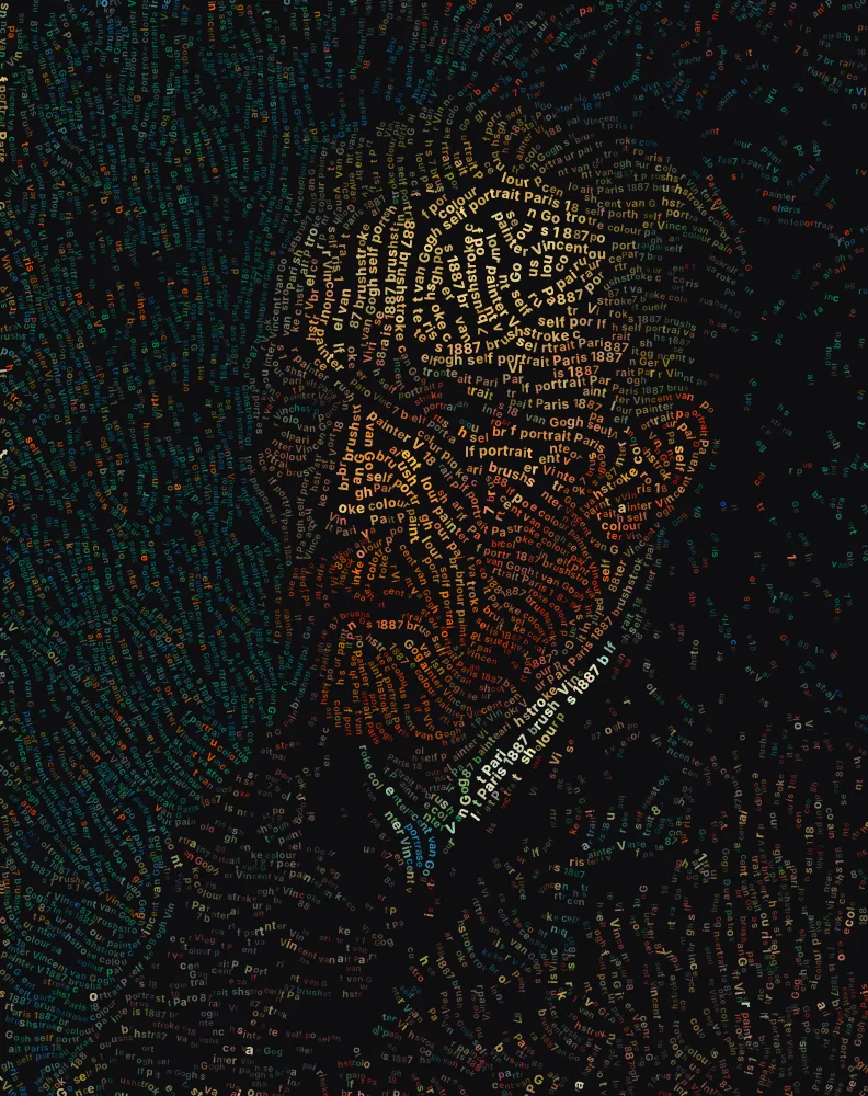 Self-Portrait by Vincent van Gogh as a colourful text portrait, created with the text portrait generator