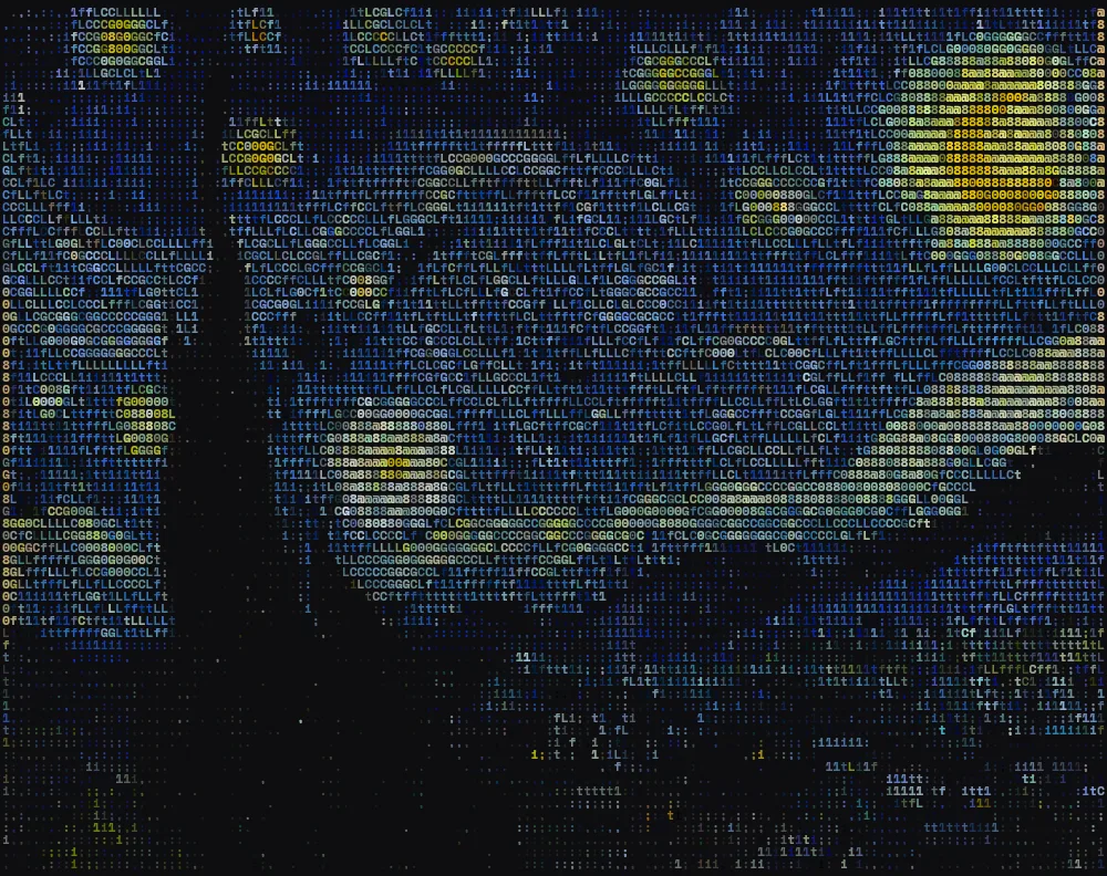 The Starry Night by Vincent van Gogh as colour ASCII art, created with the ASCII art generator
