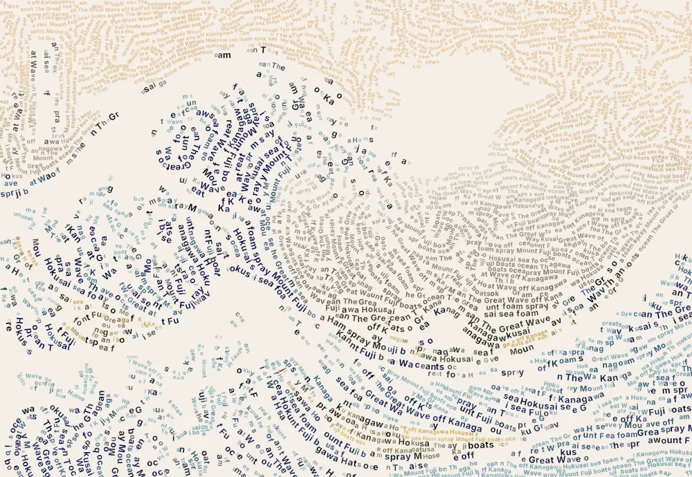 The Great Wave off Kanagawa by Katsushika Hokusai written in flowing lines of text, created with the text portrait generator