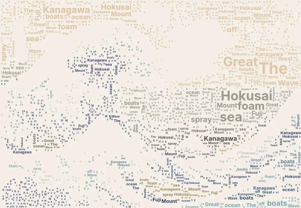 The Great Wave off Kanagawa by Katsushika Hokusai as a flat-colour word poster, created with the word art generator